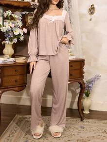 Côtesoire Women's Lace Patchwork Ruffle Cuff Pajama Set,Two Pieces Long Sleeve Sleepwear,Fall & Winter Loungewear 2 Pieces Set - Khaki - View 3
