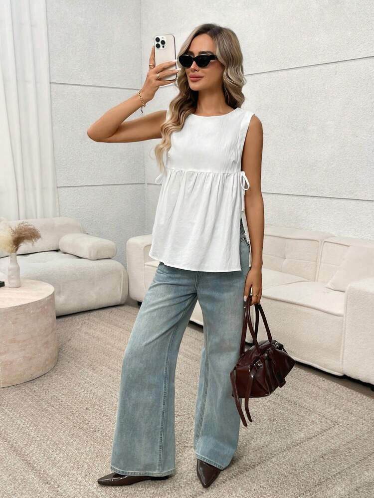 Women Solid Color Round Neck Side Tied Casual Loose Camisole,Women's Summer Side Tie Top, Vacation Tank