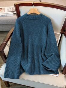 GlowEve CURVE Áo len dệt kim tay raglan rộng rãi, thường ngày cỡ lớn dành cho nữ, mùa đông - Xanh đậm - Xem 2