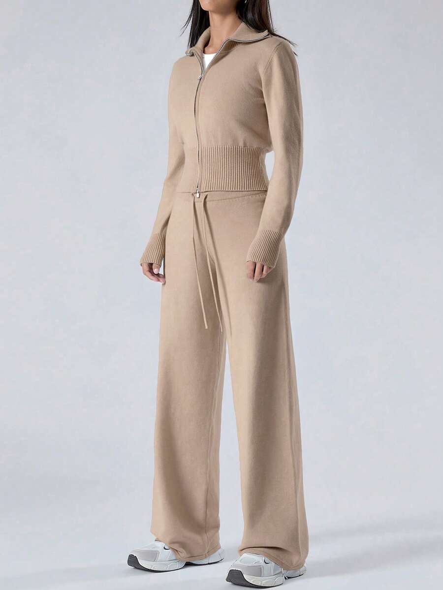 LYSMO 女士卡其色拉链开衫和针织裤休闲毛衣两件套，毛衣套装，秋冬 - 卡其色 - 查看 1