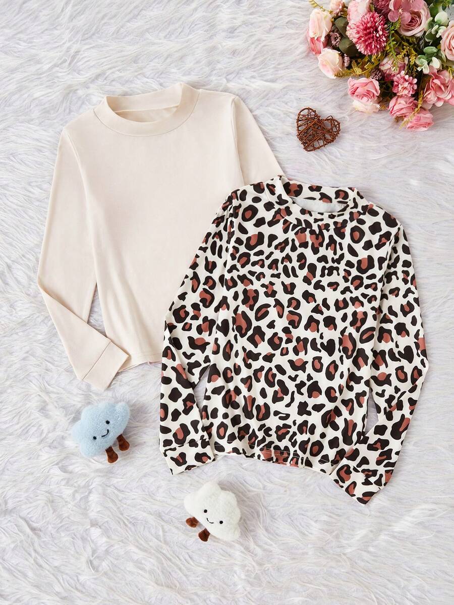2pcs/Set Young Girl' Soft Milk Silk Leopard Print Long Sleeve Base Layer - Multicolor - View 1