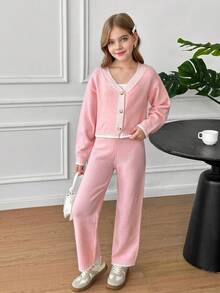 SHEIN Tween Girls Solid Pink Color Block Hem Cardigan Front Button Long Sleeve Casual Sweater And Sweater Pants 2pcs/Set