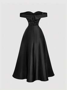 SHEIN MOD Đầm dài trễ vai đính sequin đen, đầm mùa đông, đầm mùa thu cho nữ, đầm, đầm dự tiệc, đầm thanh lịch, đầm dạ hội, đầm đính sequin, đầm corset nữ, trang phục Lễ Tạ ơn, đầm, thanh lịch, đầm đính sequin - màu đen - Xem 2