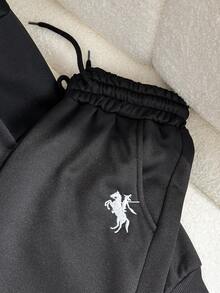 SHEIN 2 件套青少年女孩休闲装，Polo 拉链半高领长袖运动衫，宽松版型，超大阔腿裤，运动服，适合日常穿着和锻炼 - 黑色 - 查看 6