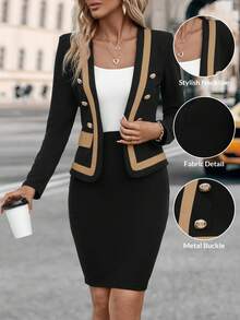 Editum Contrast Trim Button Detail Jacket & Bodycon Dress Black Two Pieces Set In Fall/Winterfall/Winter Elegant Halloween New Year Spring Summer Elegant  Formal Black - Camel - View 1