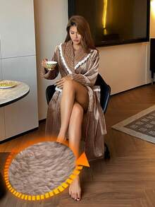 DAZY Women's Textured Fleece Thick Long Fluffy Cozy Robe With Contrast Color Oversized Collar, Winter - Brown - View 4