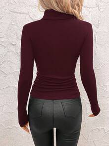 SHEIN Clasi Women's Stand Collar Gathered Waist Fleece Warm T-Shirt,Red Top,Christmas,Red Tops For Women - Burgundy - View 2