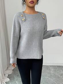 SHEIN Elenzya Women's Boat Neck Metal Button Dropped Shoulder Loose Fashion Sweater - Grey - View 6