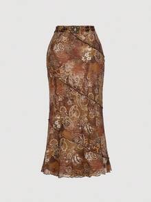 SHEIN MOD تنورة شبكية ذيل سمكة مطبوعة بطبعة الكاجو غير متماثلة وذات شق جانبي للنساء