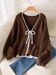 CosyJoli Plus Size Casual Sweater With Tie Bow And Contrast Trim Cardigan/Winter - Brown - View 3