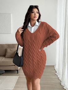 Vionelle Plus Size V-Neck Wavy Hem Drawstring Cable Knit Pattern Long Sleeve Sweater Dress, Solid Color, Casual & Fashionable For Autumn/Winter - Redwood - View 5