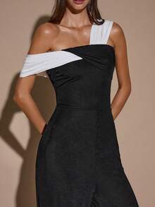 SHEIN BAE Autumn/Winter Solid Black & White Contrast Asymmetric Twist Shoulder Fitted Elegant Wide Leg Women's Jumpsuit, Versatile For Daily Wear, Date, Party, Gathering, Going Out - Black and White - View 7