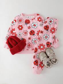 THE HAPPY LOOK Set de 2 piezas con jersey de cuello redondo de manga larga y pantalones de cintura elástica con estampado de mariquita para niña - Multicolor - Ver 6