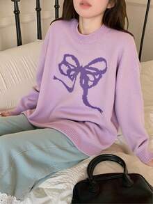 DAZY 女式宽松圆领蝴蝶结图案毛衣 - 淡紫色 - 查看 2
