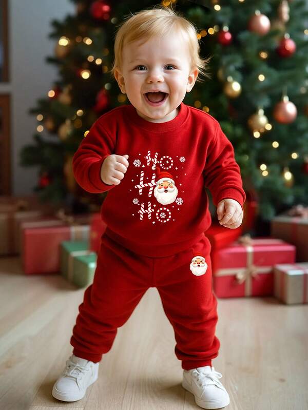 SHEIN Playful Pals 2 pièces/Set Tenue de Noël pour bébé garçon, mode décontractée et polyvalente avec slogan de Noël et motif Père Noël "HO". sweat-shirt à col rond confortable et manches longues, et pantalon de survêtement. Convient pour l'automne/l'hiver/le printemps, léger et confortable. Idéal pour le casual, la rentrée, les rassemblements, les pique-niques en plein air, la photographie de rue, le campus, les vacances, les cadeaux
