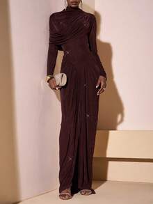 Zivah 2025 秋冬新款音乐节、复活节、圣帕特里克节、西部风、游牧风、生日派对、毕业典礼、学院风、学生装、日常休闲、基础百搭、休闲、度假、邮轮旅行、海滩、日光浴、病毒式传播、街头服饰、婚礼宾客波西米亚风、通勤、早午餐、机场、Y2K、复古做旧圆领长袖束腰超长连衣裙 - 棕色闪亮面料 - 棕色 - 查看 7