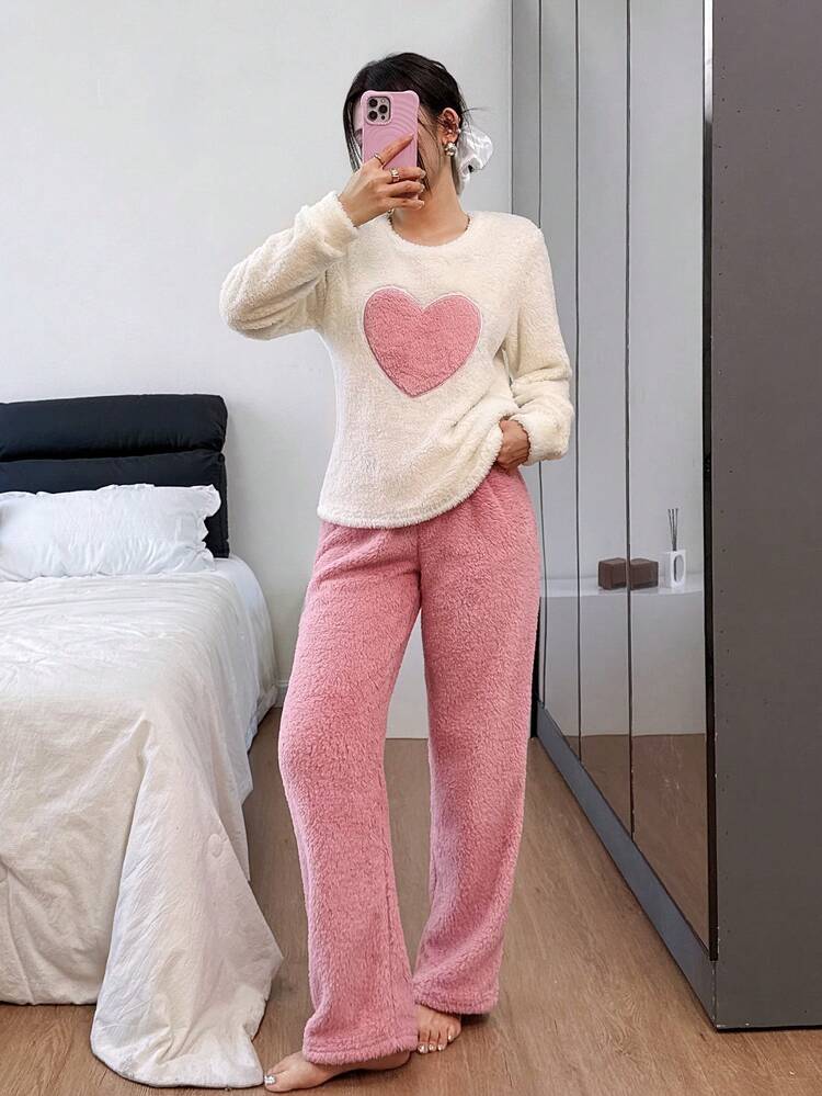 SHEIN Women's Minimalist Pink Heart Embroidered Thick Cozy Soft Double-Sided Fleece Crew Neck Long Sleeve Top & Pants, Cute Sweet Casual Loungewear 2 Pieces Fluffy Pajama Set, Winter Clothes - Pink - View 2
