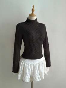 Elamini Suéter de punto con cuello alto y cordón para mujer/niña de estilo casual - Negro - Ver 3