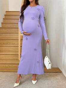 SHEIN Pregnant Women Solid Color 3D Floral Decor Round Neck Bubble Long Sleeve Fitted Elegant Dress Pregnant Outfits Lavender Maternity Dress Maternity Outfits Maternity Dress Baby Shower Pregnancy Dress For Photoshoot Winter Clothes  Long Party Dresses  Elegant Party Dress Chic