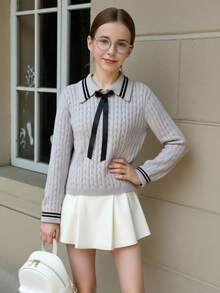 青少年女孩休闲可爱灰色蝴蝶结针织高领毛衣，柔软舒适，适合日常、户外、旅行、度假、居家、日托、儿童玩耍、秋冬、圣诞节、返校、派对，用途广泛 - 灰色 - 查看 6