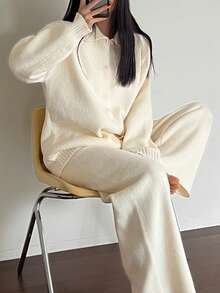 DAZY Women's Solid Color Knitted Loose Fit Pajama Set, Autumn/Winter - White - View 5