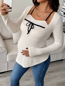SHEIN Camiseta casual de manga larga, cuello redondo, ajustada y acanalada con bloqueo de color para maternidad - Albaricoque - Ver 3