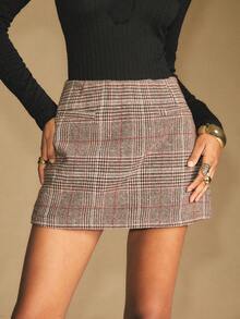 Poéselle Women's Elegant Brown Plaid Mini Skort With Zipper Woven Fabric Design, Plaid Skirt Women, Brown Skirts, Checkered Skirt - Brown - View 4