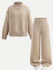 SHEIN Girlism Teen Girls High Collar Drop Shoulder Long Sleeve Sweater And Knitted Pants Casual 2 Pieces Set, Autumn/Winter,Girls' Two Pieces Suit,Casual And Warm Outing - Apricot - View 13