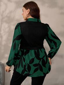 EMERY ROSE Blusa casual de punto con estampado floral y patchwork para mujer talla grande, otoño/invierno - Verde Oscuro - Ver 2