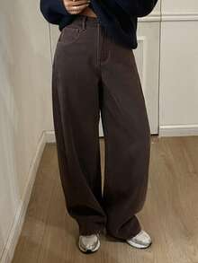 DAZY Women's Casual Loose Brown Denim Jeans, Autumn - Coffee Brown - View 3