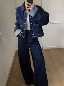 DAZY 女式休闲牛仔夹克（带领和口袋）和裤子套装，秋冬 - 藍色 - 查看 3