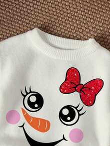 SHEIN Happikins 聖誕女嬰可愛雪人圖案奶油白圓領長袖冬季毛衣，秋季舒適日常穿著家庭套裝 - 白色 - 查看 5