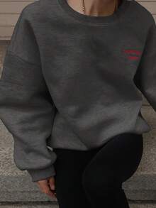 DAZY 女式字母刺绣宽松圆领保暖内衬运动衫 - 深灰色 - 查看 4