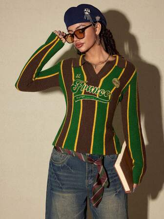 ROMWE Avant Women's Retro College Style Polo Collar Football Sporty Knit Sweater, Street Fashion