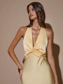 SHEIN BAE 性感简约纯色黄色/奶油色深 V 领露背蝴蝶结露背长款美人鱼连衣裙，适合派对、鸡尾酒会、正式场合、伴娘、生日、圣诞节、商务休闲 - 鵝黃色 - 查看 4