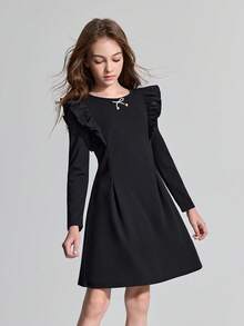 Maija Kids Maija Kids Vestido de manga larga con cuello redondo, decoración de volantes y lazo negro para niña preadolescente - Negro - Ver 1