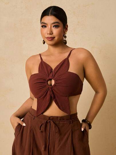 Travachic Plus Size Women Brown Floral Print Blouse Plus Size Resort Wear New Year Dress Beach Outfits For Women  Stylish Women's Blouses   Beach Fashion Brown Top  Tropical Vacation Outfits Vacation Outfits Women