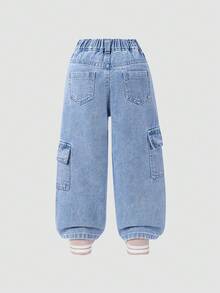 SHEIN ChillGRL Young Girls' Straight Leg Denim Pants With Pockets & Rabbit Print, Vintage Streetwear Casual Pants For School, Daily Wear. Blue + Purple Rabbit Print + Bow Design, Cute & Stylish. Relaxed Fit, Comfortable Elastic Waistband. Suitable For Casual Outings, Dates, Vacations, School, Hangouts With Friends. A Versatile Fashion Piece For All Year Round - Light Wash - View 2