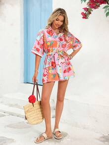 Vivid Eden Mono informal de mujer con estampado de frutas, de manga corta, de un solo pecho y con cinturón para vacaciones - Rosa - Ver 2