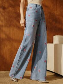 Anewsta Casual Washed Strawberry Embroidered Wide-Leg Jeans - Blue - View 4