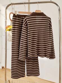SHEIN Striped Polo Shirt & Pants Set FoTeen Girls, Suitable For Spring & Autumn - Coffee Brown - View 2
