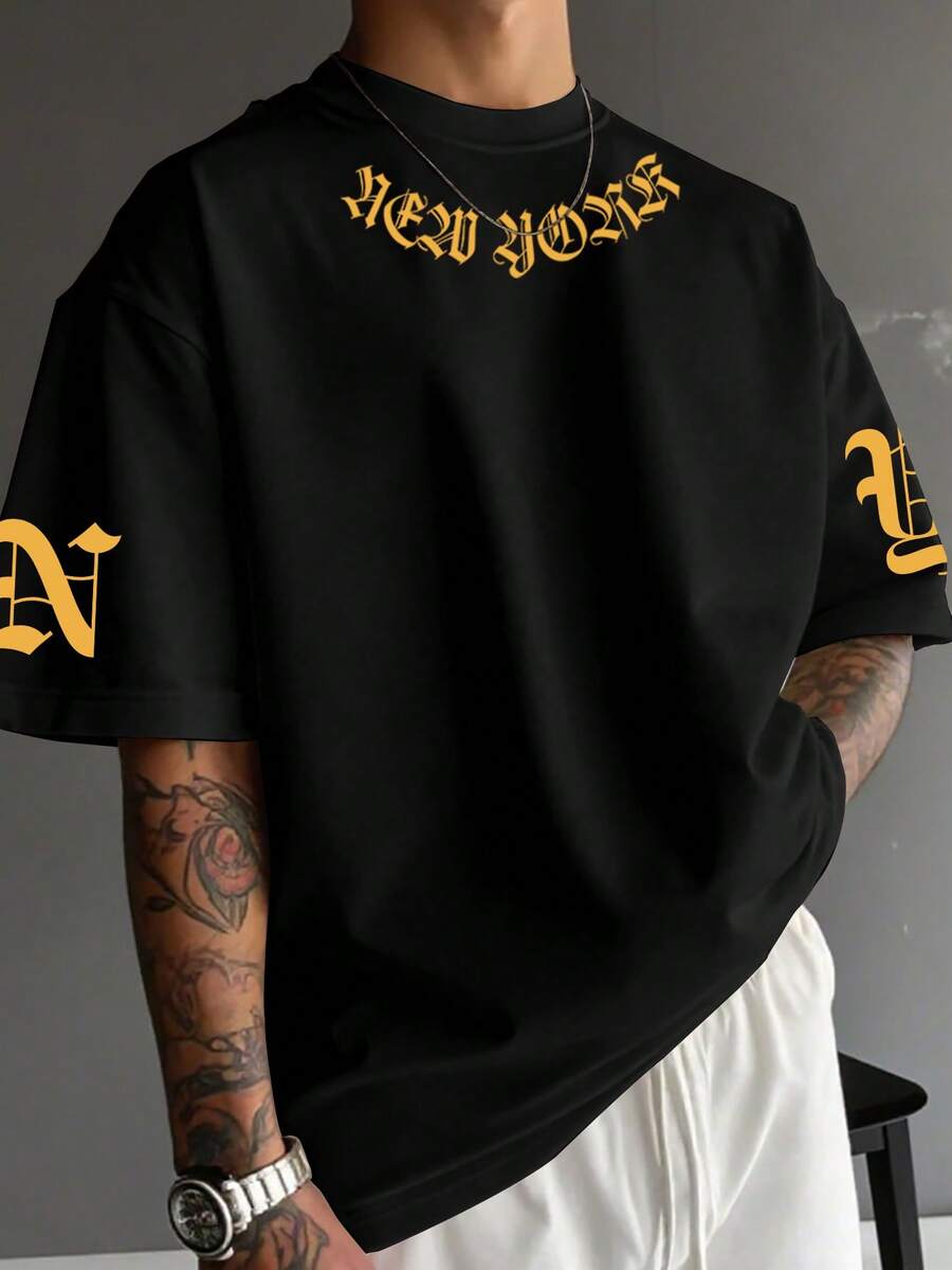 Manfinity EMRG Áo thun nam cổ tròn tay ngắn dáng rộng in chữ thường ngày, mùa hè - màu đen - Xem 1