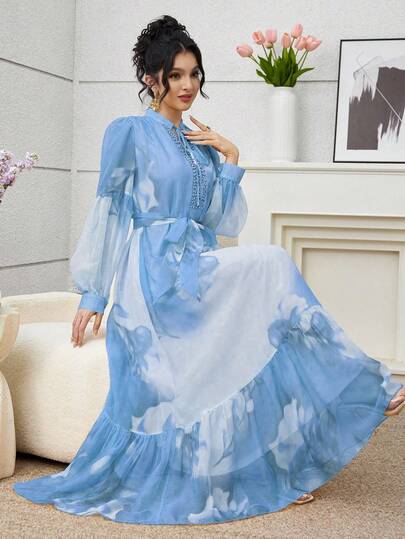 SHEIN Najma Vestido elegante y romántico con cuello floral, bajo con parche de encaje floral y volante ancho, estilo suelto y juvenil romántico para vacaciones