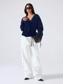 LYSMO 2025 Neue einfache Herbst Damen unifarbene Cardigan, Drop-Shoulder Langarm Einzelknopf Lässig Strick Cardigan, Herbst und Winter kurzer Cardigan Navy Blau Cardigan Knopf Cardigan Knopf Pullover Kragen Cardigan