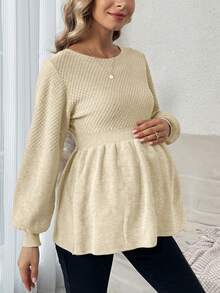 SHEIN Maternity Solid Color Round Neck Lantern Sleeve Ruffle Hem Casual Sweater, Autumn/Winter - Beige - View 4