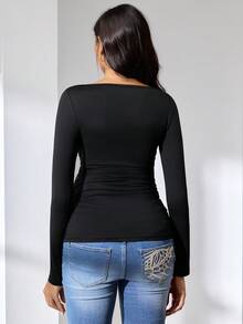 MaterniWear Maternity Solid Color Boat Neck Long Sleeve Ruched Nursing Top Maternity Tops Maternity T Shirts Pregnancy Clothing Pregnancy Shirts Post Partum Clothes  Elegant Women's Blouses - Black - View 2