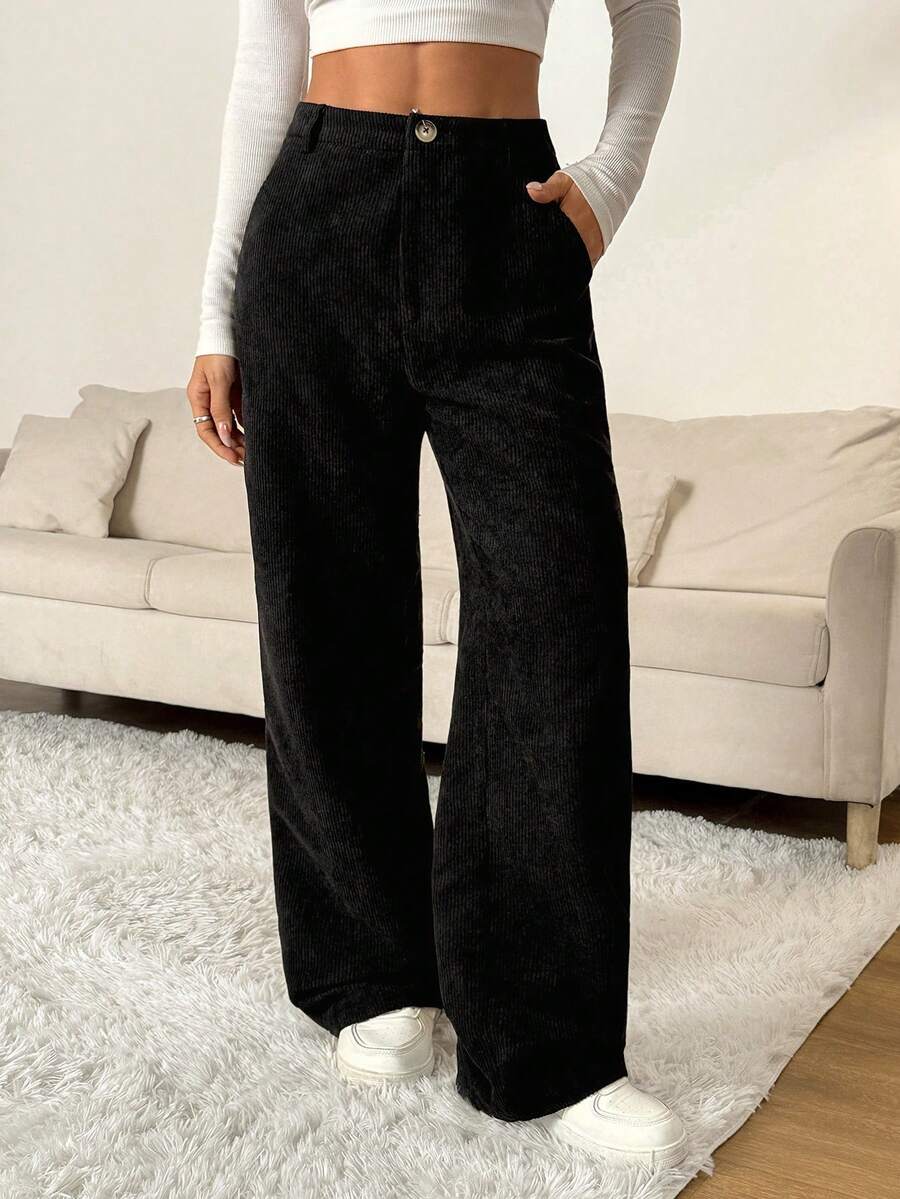 SHEIN PETITE Quần nhung kẻ họa tiết cổ điển thời trang đường phố thu đông cho nữ - màu đen - Xem 1