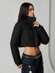 TRNVIE 1 件女式夹棉外套，黑色拉链口袋，休闲运动短款，冬季 - 黑色 - 查看 5