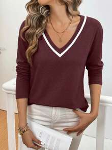 SHEIN LUNE Women's Deep V-Neck Contrast Color Knit T-Shirt,Red Tops For Women - Red Violet - View 8