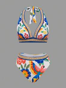SHEIN Swim Oasis Multicolor Floral Parrot Print Halter Bikini Set With Short Bottoms And Tie Back Detail For Women - Multicolor - View 5